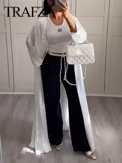 TRAFZA-Calça comprida com retalho feminino, Monocromática, Perna larga, Versátil, Casual, Calças soltas, Streetwear, Moda, 2024