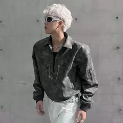 Jaqueta de couro PU recortada masculina, colarinho virado para baixo na moda, cor gradiente, casaco retrô com zíper, outwear de motocicleta masculina, primavera na internet