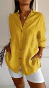 Camisa casual de algodão de linho, top de lapela, gola V, solta, monocromática, escritório, retrô, verão, moda, 2024