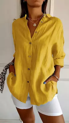 Camisa casual de algodão de linho, top de lapela, gola V, solta, monocromática, escritório, retrô, verão, moda, 2024