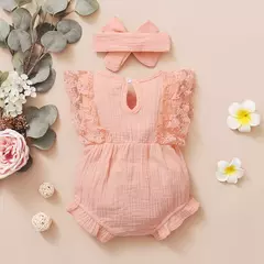 0-18 meses do bebê recém-nascido menina liso macio bodysuit laço queimado manga verão macacão com bandana da criança roupas da menina do bebê - Wolf Magazine