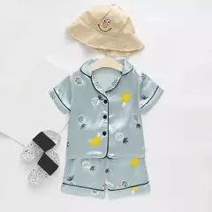 Conjunto de pijama cetim de seda gelo infantil, top e calça, ursinho desenho animado, bebê menina, primavera, verão