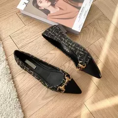 Sapato feminino de salto baixo, sapato único, boca rasa, sapatilha de salto alto, decoração de metal, novo, primavera e outono, 2024 - Wolf Magazine