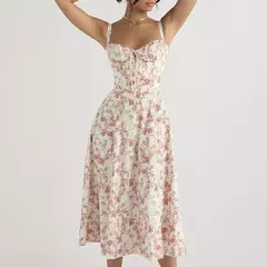 Vestido de verão estampado floral, Laço frontal feminino, Gola quadrada, Vestido de coxa dividido, Cinta de praia, Vestido de noite, Novo - loja online
