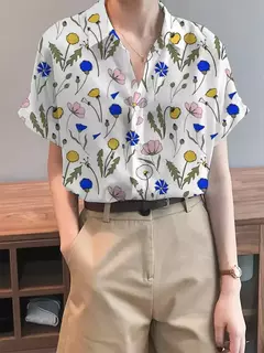 Camisa feminina colorida em 3D com estampa floral, tops de manga curta, botão, gola elegante, primavera e outono, 2024
