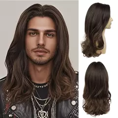 Cabelo masculino longo cortes de cabelo sintético meio separação marrom encaracolado ondulado perucas masculinas para festa diária punk rock cosplay peruca traje na internet