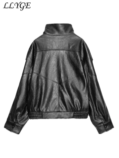 Jaqueta de couro curta vintage feminina, lapela solta, manga comprida, casaco com zíper, locomotiva, outwear de rua, outono, lady, 2022 - comprar online