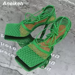 Aneikeh-bombas de malha sexy para mulheres, sandálias de dedo quadrado, salto alto, lace-up, cross-tied, stiletto, vestido de festa, verão, 2022 - Wolf Magazine