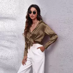 Blusa feminina de cetim manga longa, camisa cetim, tops de seda, vestuário europeu e americano, novo - comprar online