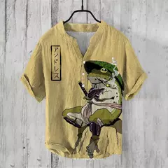 Camiseta casual de manga curta estampada masculina, camisa Henry estilo japonês na internet