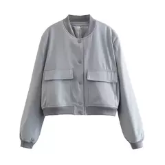 TRAF-Jaqueta bomber feminina de manga comprida com bolsos, casacos vintage, botão frontal, casacos casuais femininos, tops chiques, moda
