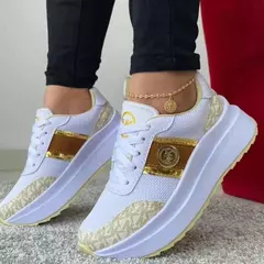 Imagem do Tênis feminino com cadarço vulcanizada, tênis respirável, cunhas esportivas, calçado feminino plataforma, calçados casuais femininos, moda, 2024