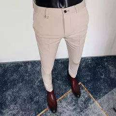 Calça formal de negócios casual masculina, slim fit, cor sólida, terno de festa de casamento, escritório, verão
