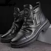 Botas de couro de motocicleta masculinas, sapato alto de cabeça redonda, fecho lateral, sapato casual de plataforma, estilo britânico