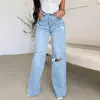 Joelho feminino quebrado buracos jeans reto, calça jeans de cintura alta, feminina solta de perna larga, confortável, moda casual, tendência