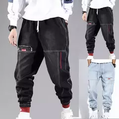 Imagem do Calças jeans soltas para homens, calças harém, cor sólida, cintura de cordão