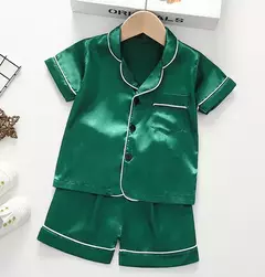 Imagem do Pijama de seda menino e menina, pijama de seda infantil de 2 a 14 anos, criança pequena, pijama de seda de manga curta, pijama de seda