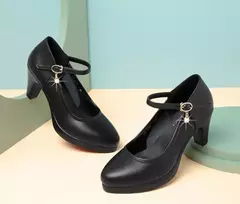 Bombas plataforma de salto bloco para mulheres, salto alto com fivela, sapatos femininos, elegantes sapatos pretos de escritório, primavera, outono, 2023 na internet