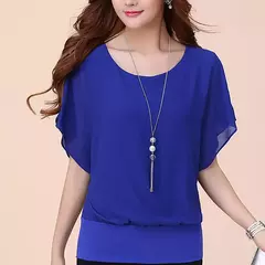 Blusa de chiffon para mulheres, cor sólida, gola redonda, pulôver solto, batwing sleeve, plissado, roupas casuais, verão na internet
