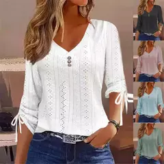 Blusas femininas de manga comprida com decote em v, camisas soltas, tops com arco ocos, moda feminina casual, monocromática, senhoras, outono, inverno - comprar online