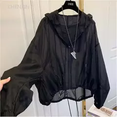 Casacos de zíper à prova de sol femininos, casacos finos e soltos, roupas para ver através do exterior, roupas leves, pretas, verão na internet