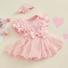 3d flor verão bebê meninas macacão princesa malha roupas recém-nascidos rendas retalhos plissado bodysuit vestido bandana crianças roupas - Wolf Magazine