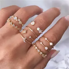 Conjunto de anéis de cristal cor prata para mulheres, zircônia cúbica lua seta flor coração dedo anéis de casamento, joias de moda feminina - Wolf Magazine