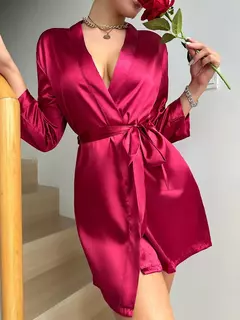 Mulheres cetim robe de noite, manga longa, decote V, cinto, roupa de dormir sólida - Wolf Magazine