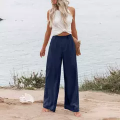 Calça larga de linho de algodão feminina, comprimento total, casual, monocromática, solta, cintura alta, reto, botão, verão - Wolf Magazine
