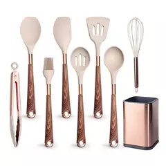 Conjunto De Utensílios De Cozinha De Silicone Resistente Ao Calor, Espátula, Colher, Ferramentas Antiaderentes, Alça Banhada A Ouro Rosa, Suporte, Presente De Cozinha