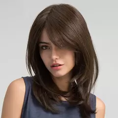 Peruca de fibra marrom, cabelo médio longo e liso com franja inclinada, aparência natural, adequada para mulheres, cosplay, resistente ao calor na internet