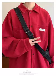 Imagem do Jaqueta masculina casual de veludo, camisa manga longa, streetwear solta com bolsos, botão pesado para baixo, outono