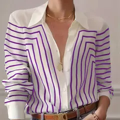 Camisa de botão feminina com estampa de linha, blusas elegantes, primavera e verão, roupas femininas plus size, preto e branco, 2024 - loja online