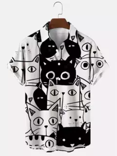 Camisa havaiana dos desenhos animados de anime masculino, Tops de manga curta, roupas casuais masculinas, rua, animais, gatos, retrô, 3D Tees, verão - Wolf Magazine