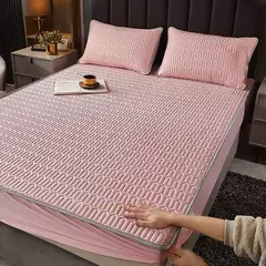 Imagem do Tapetes de cama de látex natural, sensação fresca respirável, acolchoado suave, seda de gelo cabido lençol e fronhas, verão