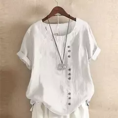 Top feminino de algodão e linho verão casual solto botão manga curta cor sólida pulôver blusa femme blusas