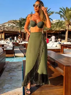 Conjunto de biquíni de três peças, sutiã acolchoado, borla, saia de praia de cintura alta, maiô de verão, moda sexy, monocromático - Wolf Magazine
