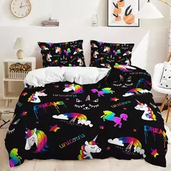 Conjunto de cama de unicórnio arco-íris, king size, queen, unicórnios arco-íris, conjunto de capa de edredom com fronha, roupa de cama de poliéster para crianças e meninas - Wolf Magazine