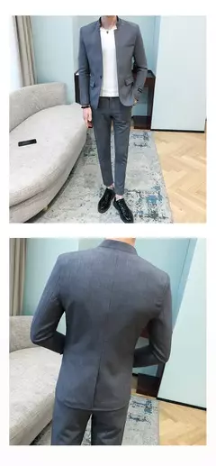 Imagem do New (Blazer+ Pants) Men's Fashion Business Korean Version of Gentleman Zhongshan Stand Collar Casual British Style 2-piece Set