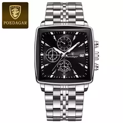Relógio de pulso esportivo quadrado luxo masculino Poedagar, cronógrafo luminoso impermeável, relógios masculinos de quartzo, relógios de aço inoxidável