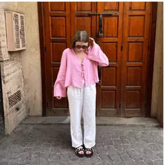 Camisas femininas com laço de linho e algodão com renda, blusa solta de manga longa com decote V profundo, blusa casual feminina, primavera e verão - loja online