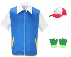 Imagem do Anime dos desenhos animados cinza ketchum trainer jaqueta azul traje p-pokemoning ir jaqueta azul chapéus luvas para festa pokemon boné luvas conjunto