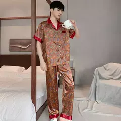 Conjunto de pijama de seda fino masculino, manga comprida e calça curta, pijama, calça para dormir - loja online