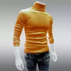 Imagem do Gola alta masculina malha suéteres de algodão, pulôveres finos, roupas de escritório, tops masculinos, monocromáticos, vinho tinto