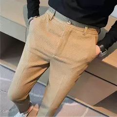 Imagem do Calça waffle stretch masculina, calça reta justa, terno de festa social, roupa formal, alta qualidade, nova moda, 2022