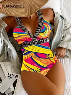 Imagem do Vigoashely-maiô de uma peça para mulheres, impressão sexy, push up, monokini, sem encosto, oco, verão, 2021