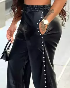 Imagem do GLCMYAYA-calças femininas retas de perna larga de couro sintético, moda feminina de rua, PU com divisão lateral pérola, elegante e elegante, outono