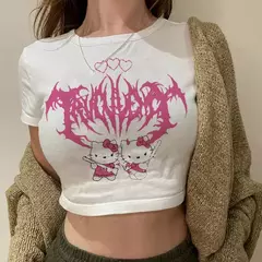 Camiseta estampada Hello Kitty para mulheres, manga curta, algodão de imitação, branco, tendência de menina, camiseta fofa, fina, tops com gola redonda, moda - comprar online