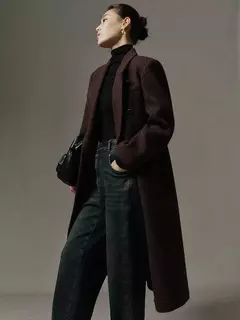 DUSHU-casaco longo de lã de peito duplo para mulheres, design chique, casaco de lã feminino, café escuro, cor marrom, sentido retrô, inverno, 2023