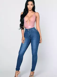Imagem do Calça jeans skinny com elástico de cintura alta feminina, calça comprida lápis, envoltório reto de perna, calça casual quadris, vintage, estreita, senhora